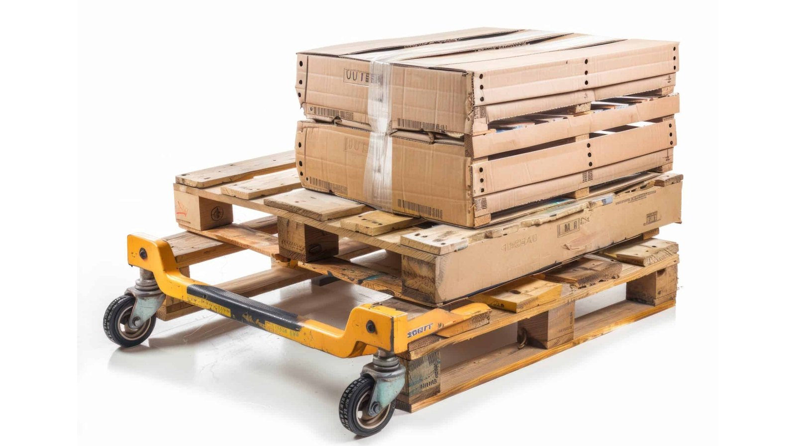 Packaging Boxes Stacked on Pallet with Hand Pallet Truck. Isolated on White Background.