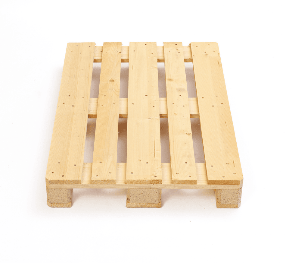 A light-colored, new wooden shipping pallet