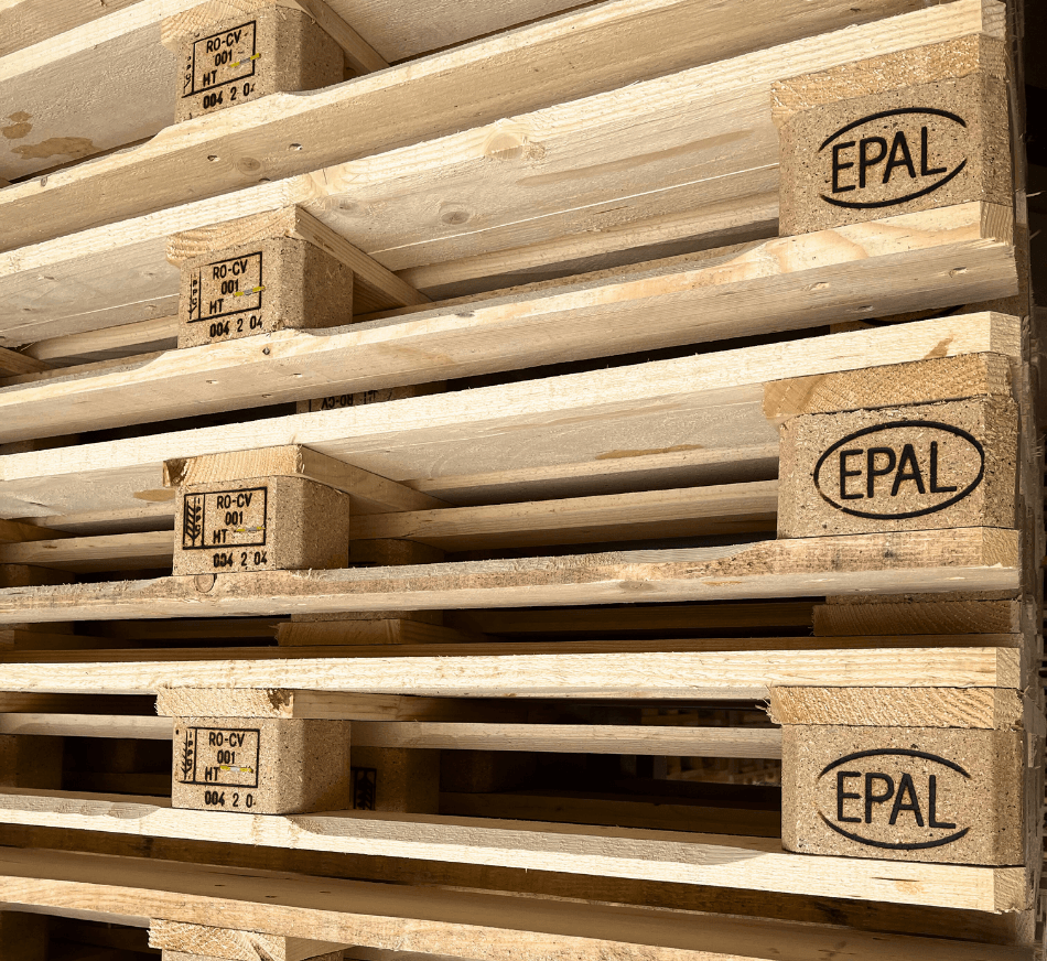 A close-up view of a stack of wooden EPAL pallets, showing the EPAL logo and ISPM 15 heat treatment markings including "RO-CV", "001", "HT", and "004 2 04" on the wooden blocks