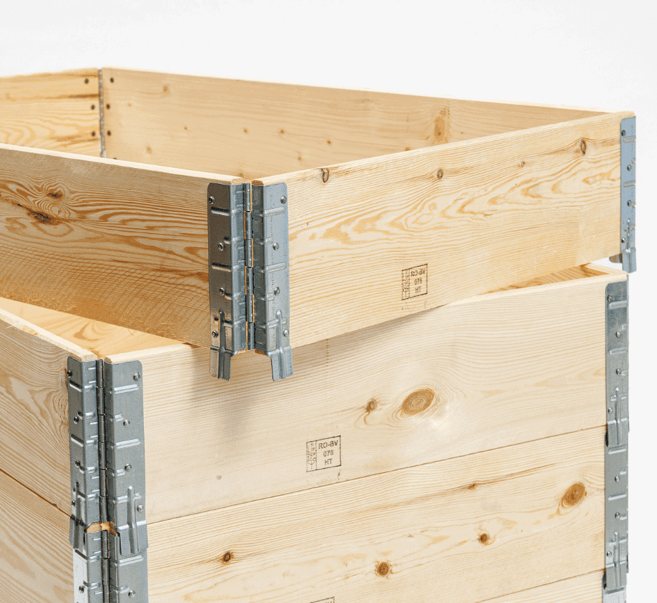 Wooden Pallet Collars with Metal Hinges.