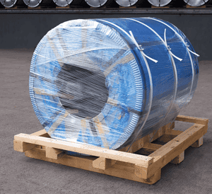 Plastic drum wrapped securely on a wooden pallet for transportation
