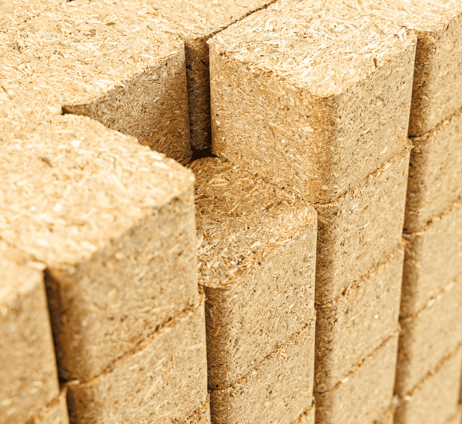Compressed wood blocks for pallets.