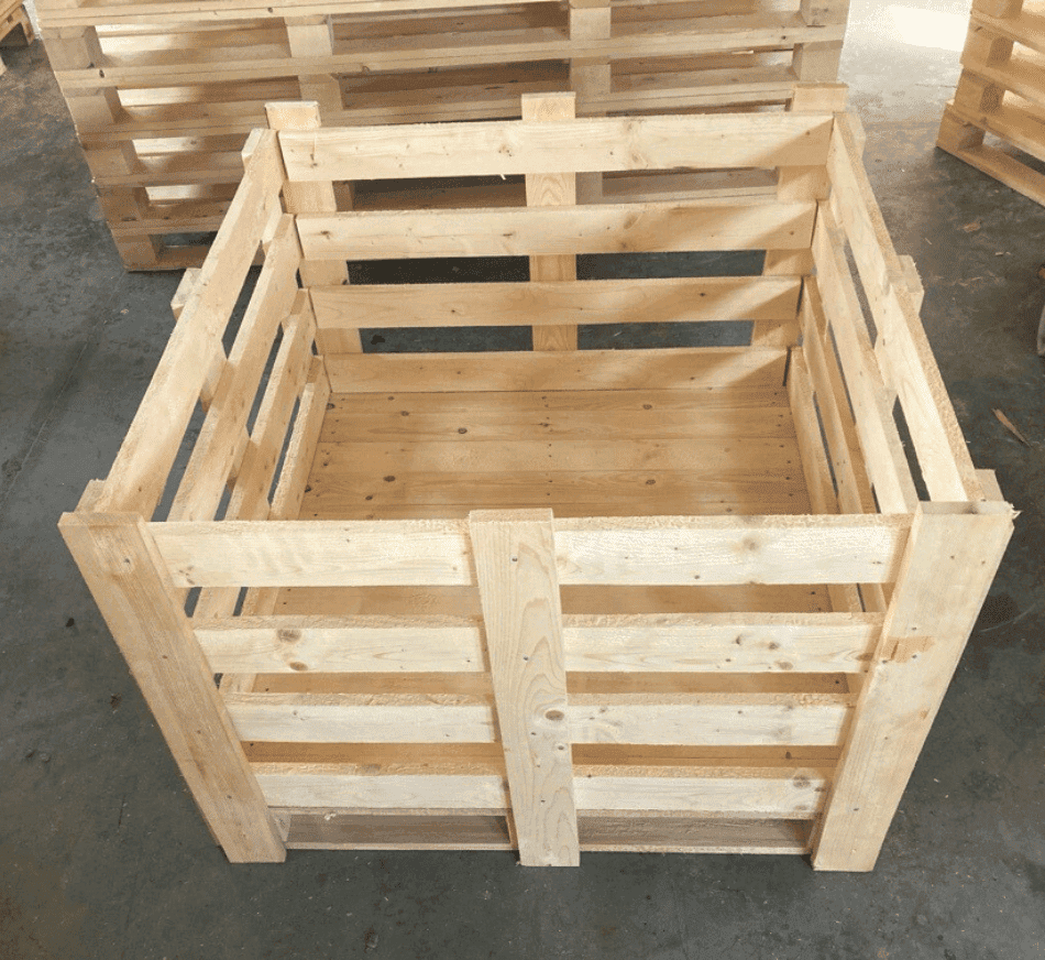 Sturdy wooden pallet crate for industrial storage solutions.
