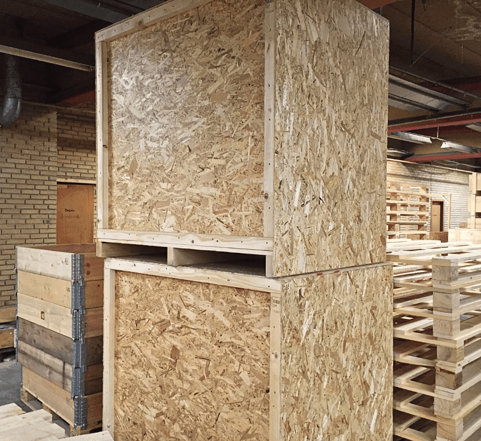 Heavy-duty wooden crates for pallet storage and transportation.