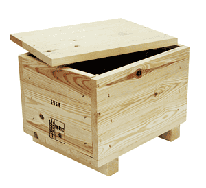Solid wooden pallet box with removable cover for storage and transport.