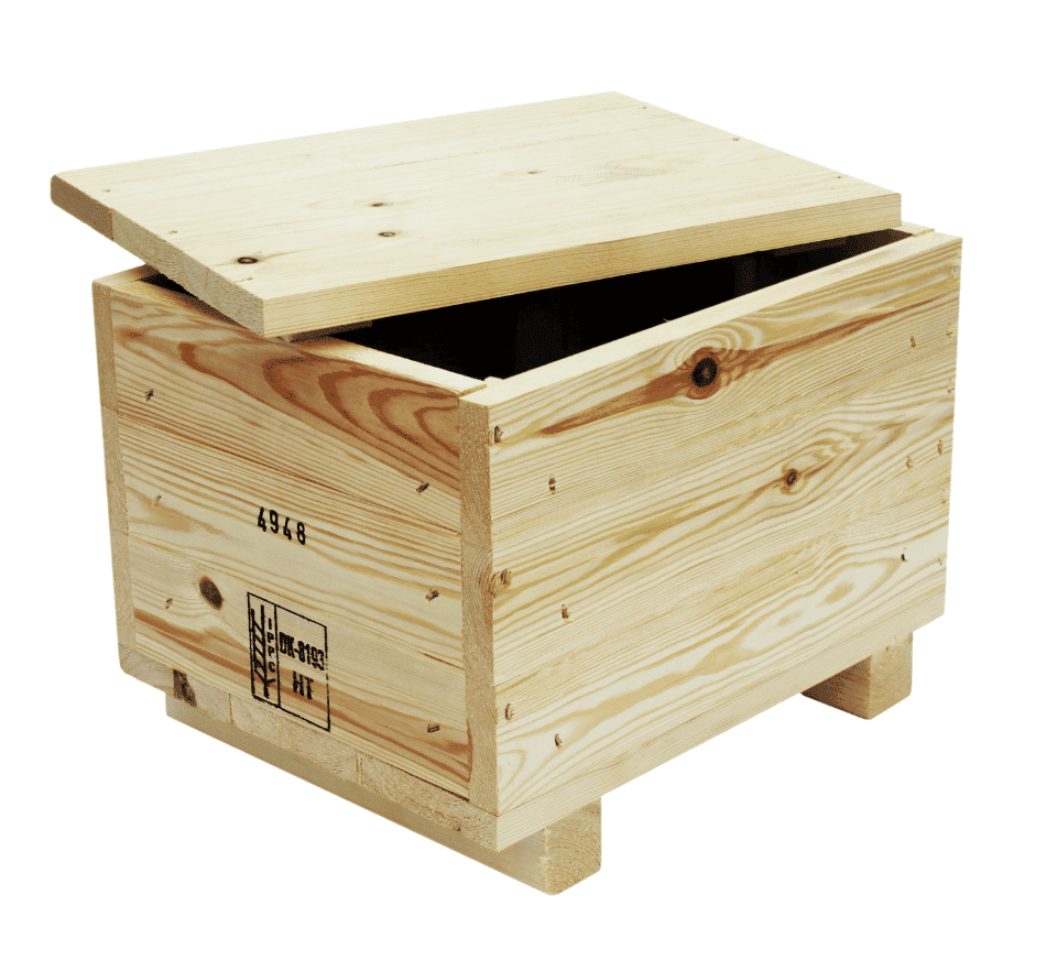 Solid wooden pallet box with removable cover for storage and transport.