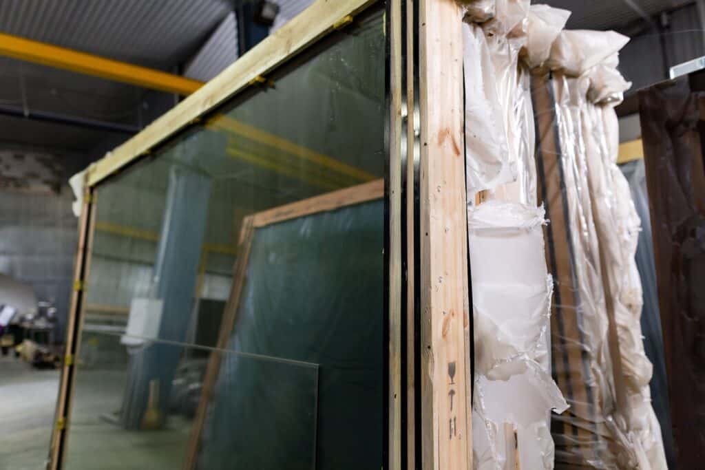 A large piece of glass in wooden frame with plastic packing.